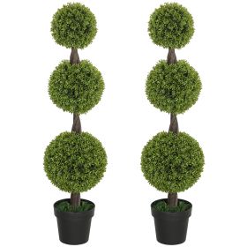 Set Of 2 Artificial Ball Boxwood Topiary Trees, Fake Plants In Pots For Indoor Outdoor Living Room, Green